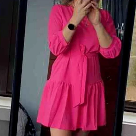 Hot Pink  Bishop Sleeve Ruffle Hem Belted Dress - Picture 10 of 12